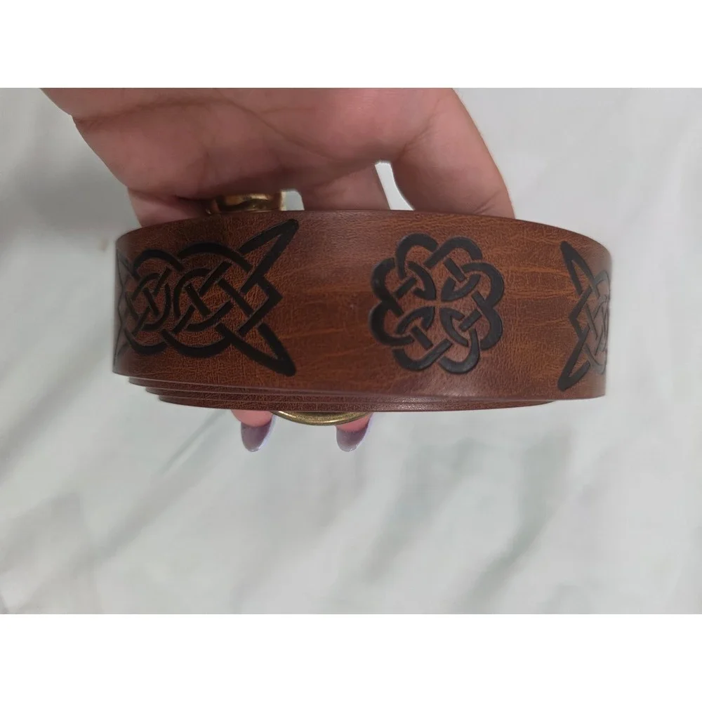Medieval Celtic Knot Embossed Belt and Leaf Flap Pouch Set Brown LARP Cosplay